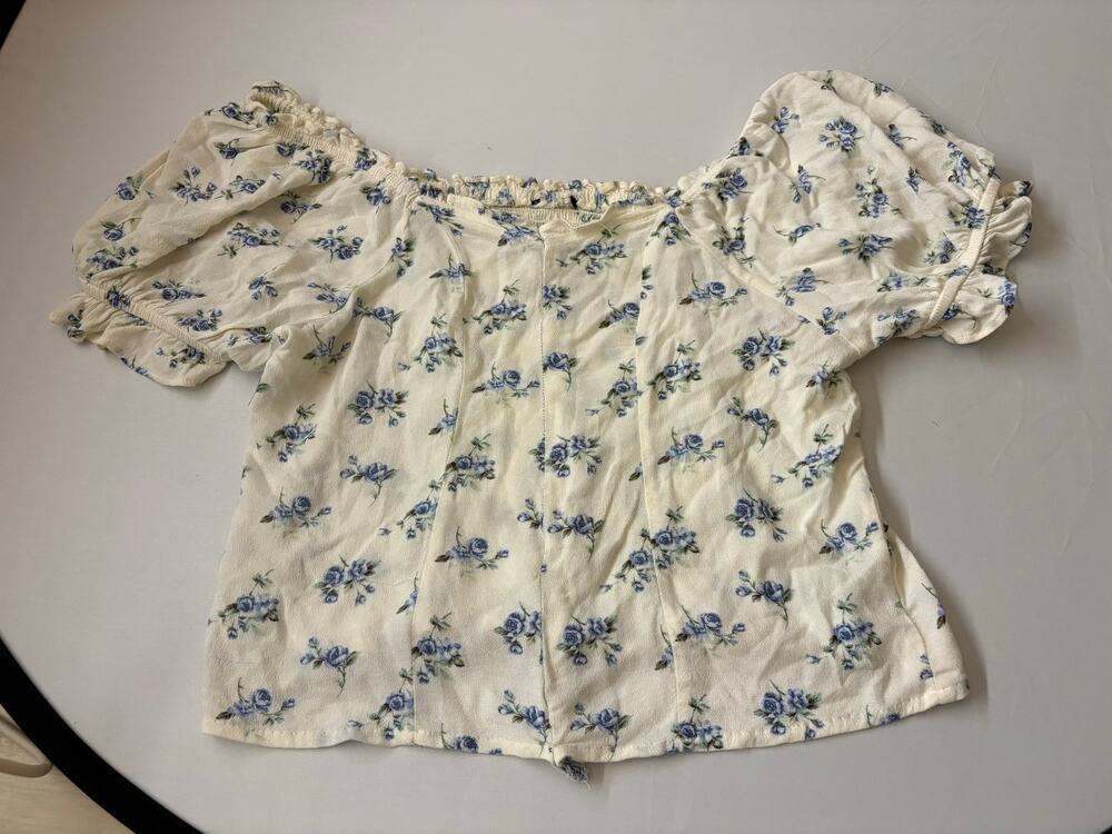 American Eagle Floral Off Shoulder Puff Sleeve Crop Top Cream XL Cottagecore